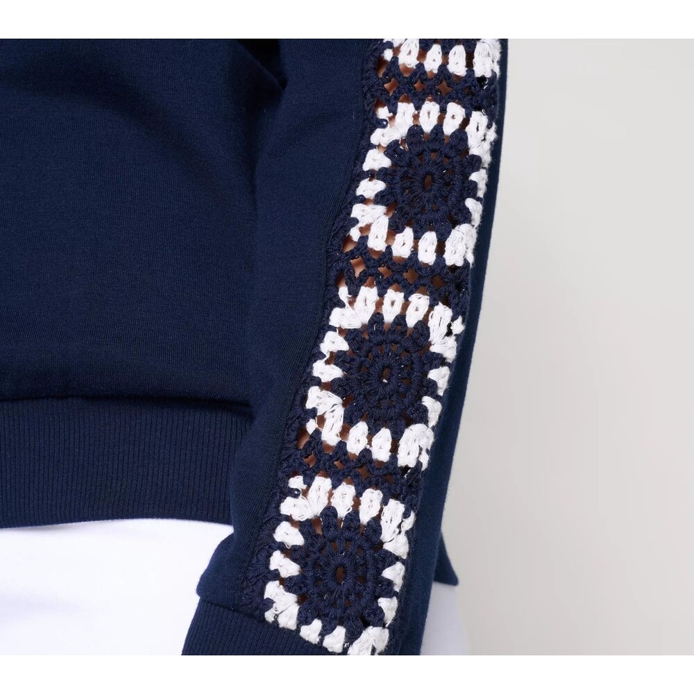 Susan Graver Weekend French Terry Zip-Front Jacket Crochet Detail Navy/White L - Picture 6 of 6